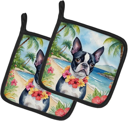 Caroline's Treasures Boston Terrier Luau Pair of Pot Holders Kitchen Heat Resistant Pot Holders Sets Oven Hot Pads for Cooking Baking BBQ, 7 1/2 x 7 1/2