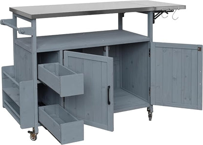 Christopher Knight Home Edsel Outdoor Bar Cart with Stainless Steel Top and Lockable Wheels, Solid Wood Outdoor Storage Cabinet, Kitchen Island Serving Cart for Poolside, Garden, Blue Gray