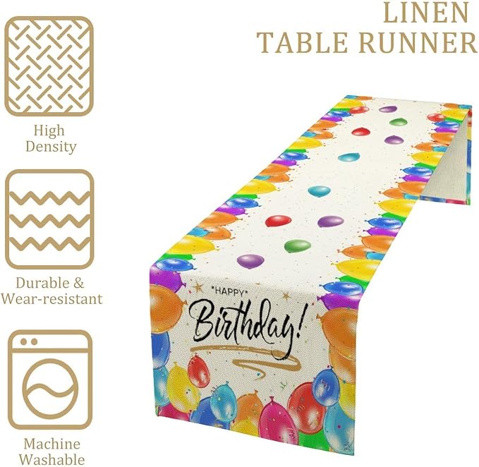 Happy Birthday Table Runner White Table Runner Balloon Confetti Pattern Celebrate Birthday Party Table for Outdoor Home Party 13x36 Inch