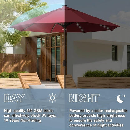 EliteShade USA 10-Year-Non-Fading 10ft Market Patio Umbrella, Commercial Grade Table Sun Umbrella with 80 Solar LED Lights, Crank Open, Windproof & UPF 50+ UV Protection for Garden, Deck, Pool, Backyard, No Tilt, Burgundy