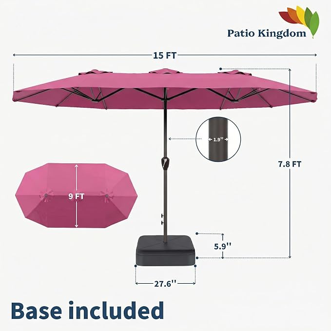 15FT Double Sided Patio Umbrella with Base Included Large Outdoor Market Umbrella with Crank Handle, UV Resistant Canopy, Sturdy Frame for Garden, Poolside, Deck, Rose Pink