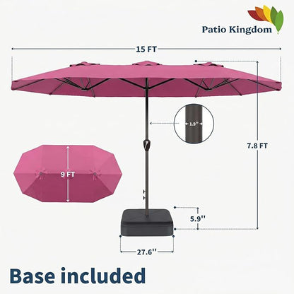15FT Double Sided Patio Umbrella with Base Included Large Outdoor Market Umbrella with Crank Handle, UV Resistant Canopy, Sturdy Frame for Garden, Poolside, Deck, Rose Pink