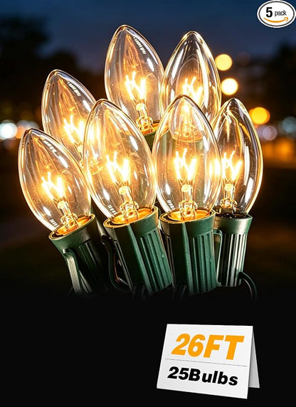 Formosa 26FT Upgraded Version C9 Christmas String Lights,Clear Incandescent String Lights for Indoor Use, for Xmas Tree, Holiday Party Decor, String Lights for Bedroom，UL Listed, Commercial Grade