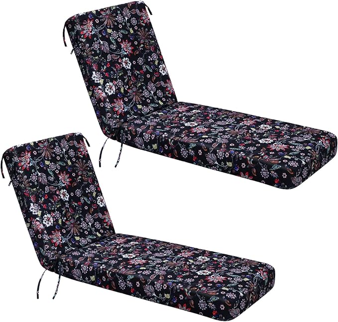Youyole Outdoor Chaise Lounge Cushions Set of 2, 72 x 21 x 3 Inch Water-Resistant Fade-Resistant Floral Patio Lounge Chair Pads with Ties, Foam Recliner Replacement for Pool Deck