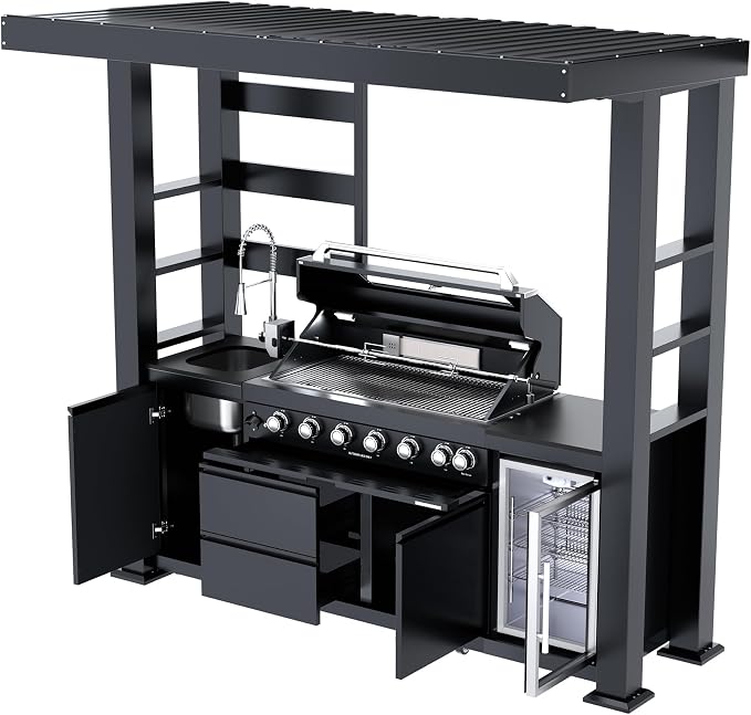 104" Modular Outdoor Kitchen Island With Grill And Side Burner, 4-burner 72,000 Btu Propane Bbq Island, Refrigerator, Separate Sink & Prep Station, NG-Black (with roof) 85000BTU/94 Inch