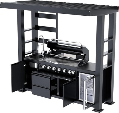 94" Natural Gas Covered Outdoor Kitchen Island, Modular Outdoor Kitchen with Roof, 6-Burner 85,000 BTU BBQ Island, Sink, Refrigerator & Rotisserie, for Backyard and Patio Cooking, Black