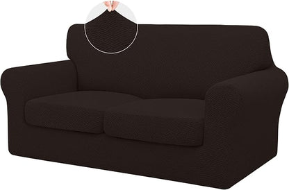 ISSUNTEX 3 Pieces High Stretch Thicken Loveseat Couch Covers, Soft Sofa Slipcover for 2 Separate Cushion Couch, Jacquard Fabric Elastic Sofa Cover Furniture Protector for Dogs (Loveseat, Chocolate)