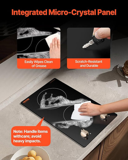 VEVOR Induction Cooktop, 1800W Electric Countertop Burner, 2 Burner Knob Control Stove, Built-in Induction Cooktop with 12 Temperature Settings, Glass Surface, Auto Shut-Off