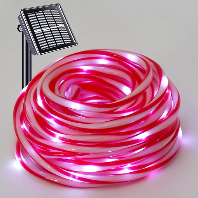 YEGUO Solar Rope Lights Outdoor Waterproof, 66ft 200 LED Candy Cane String Lights, 8 Modes Fairy Lights in Clear Thin Tube