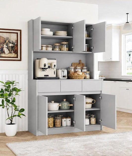 71" Kitchen Pantry Cabinet,Tall Storage Cabinet, Kitchen Storage Hutch | Shelves Adjustable,With Microwave Shelf,Coffee Bar,Led Lights&Charging Station,Corner Pantry Cabinet for Living Room