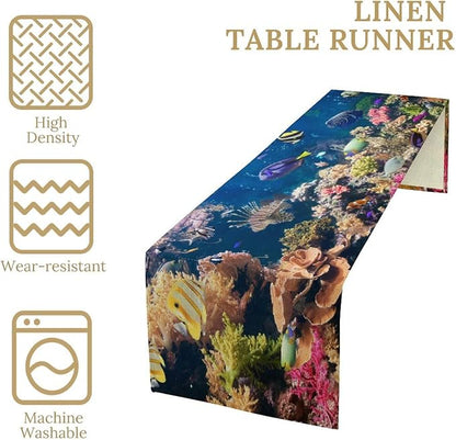 Blue Underwater World Table Runner, Summer Ocean Fish Under The Sea Tropical Turtle Shark Pattern Dinner Runner for Home Kitchen Dining Table Decor Fabric 1 Panel 13x36in
