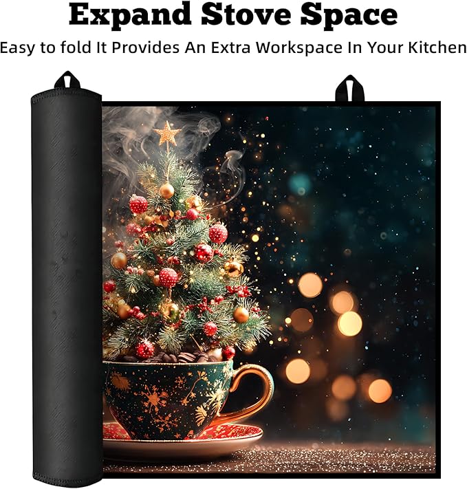 Christmas Multi-Design Stove Cover for Glass/Electric Stoves - 3-in-1 Heat-Resistant Protector Mat, Non-Slip Drying Rack 28"x20"