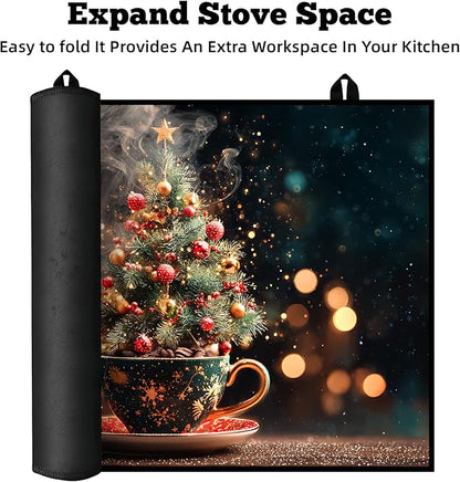 Christmas Multi-Design Stove Cover for Glass/Electric Stoves - 3-in-1 Heat-Resistant Protector Mat, Non-Slip Drying Rack 28"x20"