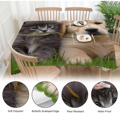 Table Cloth Cat Dog, Cute Funny Farmhouse Soft Table Cover for Kitchen Dining Tabletop Decoration, 52x70 Inch Fitted, 4-6 Seats