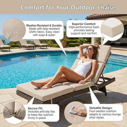 3" Solid Outdoor Lounge Chair Cushion, 74 x 22.5 inch Weather Resistant Chaise Lounge Cushion with 6 Ties for Patio Pool Furniture