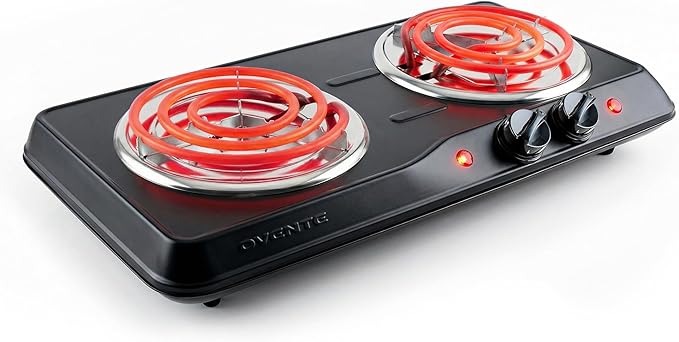 OVENTE Electric Countertop Double Burner, 1700W Cooktop with 6" and 5.75" Stainless Steel Coil Hot Plates, 5 Level Temperature Control, Indicator Lights and Easy to Clean Cooking Stove, Black BGC102B