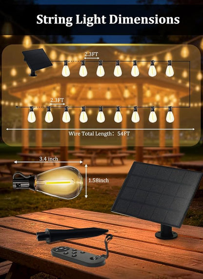 50FT Solar String Lights Outdoor Waterproof, 18LED S11 E12 Bulbs, Remote Control, Dimmable Timer, 3 Modes, Solar Powered Outdoor Patio Lights for Backyard Deck Garden Hanging Use