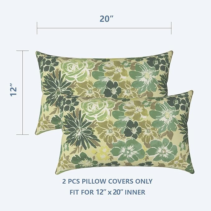 LVTXIII Outdoor Lumbar Pillow Covers, Patio Decorative Lumbar Pillow Cases ONLY, Fluffy Fade-Resistant Lumbar Cushion Cases for Home Balcony and Garden, 12x20 Inch, Pack of 2, Green Rose