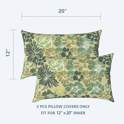 LVTXIII Outdoor Lumbar Pillow Covers, Patio Decorative Lumbar Pillow Cases ONLY, Fluffy Fade-Resistant Lumbar Cushion Cases for Home Balcony and Garden, 12x20 Inch, Pack of 2, Green Rose