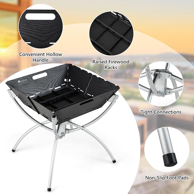 HAPPYGRILL 3-in-1 Foldable Fire Pit With Grill for Outside, Collapsible Wood Burning Camping Fire Pit for BBQ Bonfire Outdoor Cooking