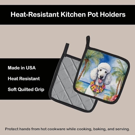 Caroline's Treasures White Poodle Luau Pair of Pot Holders Kitchen Heat Resistant Pot Holders Sets Oven Hot Pads for Cooking Baking BBQ, 7 1/2 x 7 1/2