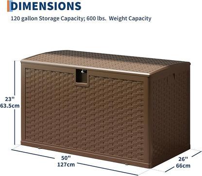 Garvee 120 gallon Waterproof Outdoor Storage Box, Lockable Plastic Deck Box with Lid, Patio Storage Bin for Pool, Garden Tools, Backyard, Porch, All-Weather Protection, Brown