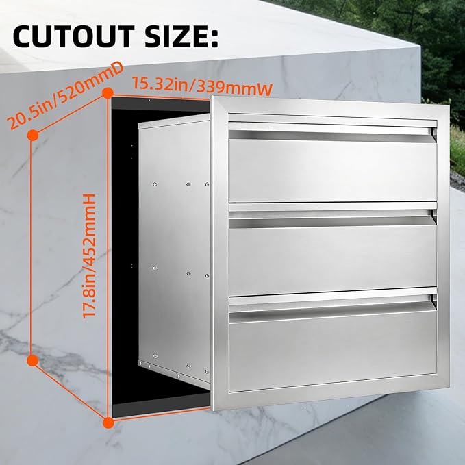 Outdoor Kitchen Drawers 18" x 20.5" x 20.5" Stainless Steel Triple Drawer Cabinet, Flush Mount Modular Storage for BBQ Islands & Patios