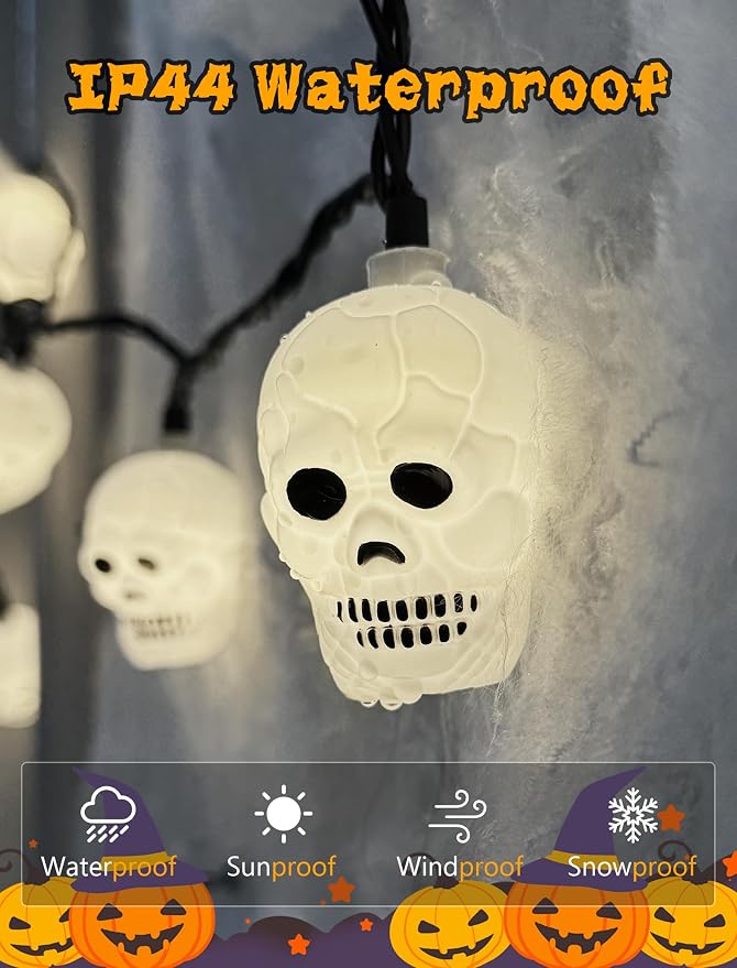 8.5Ft Halloween White Skull String Lights Outdoor, Halloween Decoration String Lights with 10 LED Skeleton Lights Waterproof, Hanging Holiday Lights for Indoor/Outdoor Yard Porch Patio Party Decor