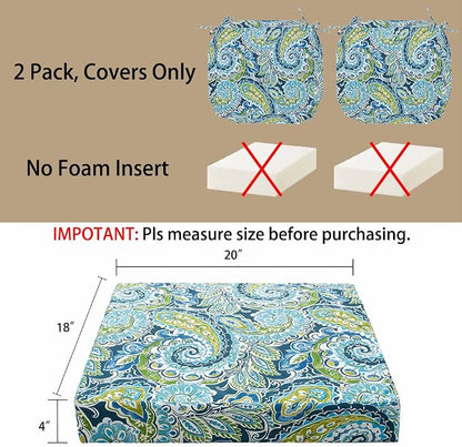 Magpie Fabrics Indoor Outdoor Cushion Cover Replacement 2 Pack, NO Insert! Water Repellent Slipcover with Ties Decor for Patio Garden Chair Seat Sofa Bench Wicker(Paisley Lapis Green, 20x18x4 Inch)
