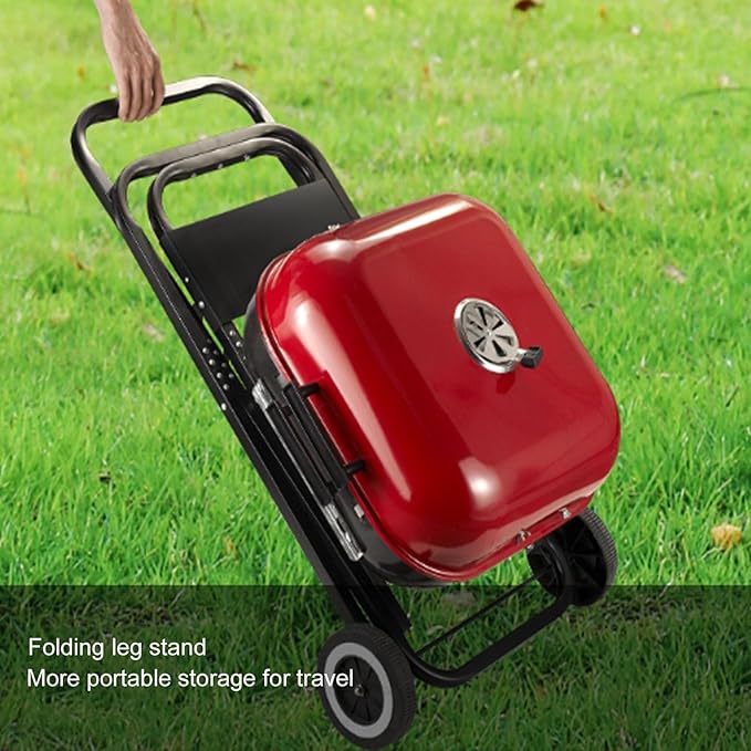 Portable Charcoal Grill with Wheels, Foldable BBQ Grill for Outdoor Cooking, Heavy Duty Charcoal Barbecue Grill for Camping Griddle, Backyard, Patio, Picnic Grilling, Travel