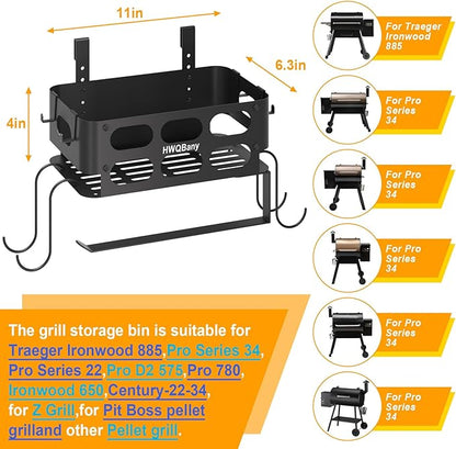 Storage Bin for Traeger Grills, Pellet Storage Bin with 8 Hooks, Accessories for Traeger Ironwood 885, Pro Series 34,Pro Series 22, Pro D2 575, Pro 780, Ironwood 650, Z-Grills, Pit Boss, Black