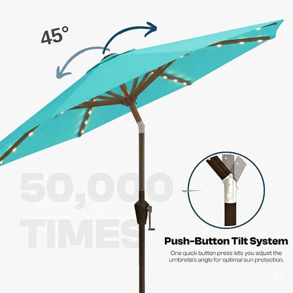 10FT Solar Lighted Patio Umbrella, Outdoor Table Market Umbrellas with Push Button Tilt and Crank, 32 LED Lights, 8 Sturdy Ribs, UV-Resistant for Deck, Garden, Pool