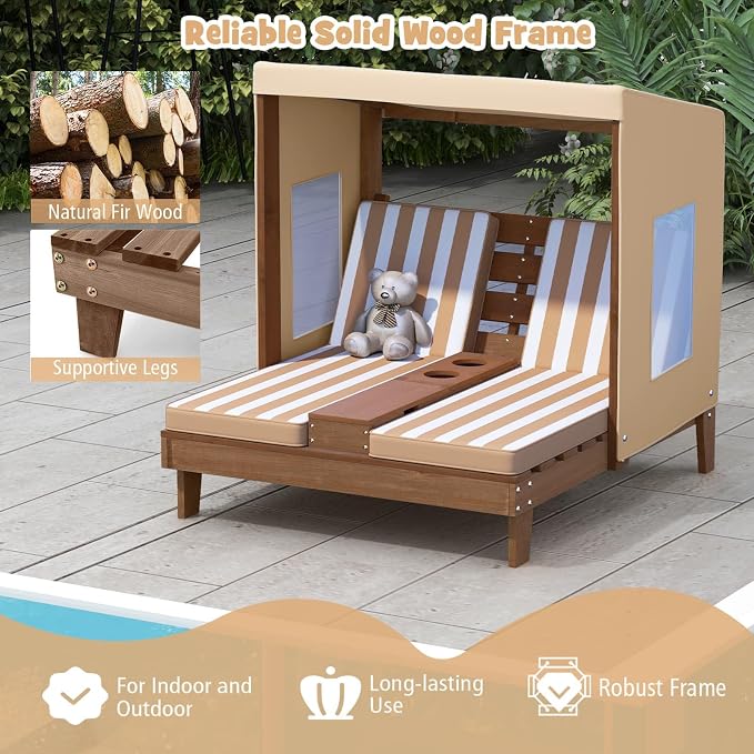 Kids Lounge Chair Outdoor, 2-Seat Toddler Patio Chair with Cushions, Cup Holders, Detachable Canopy, Wooden Double Chaise Lounge for Lawn, Pool, Garden, and Yard (Coffee)