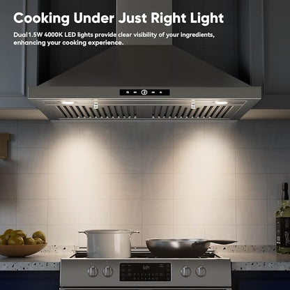 VIKIO HOME Wall Mount Range Hood 30 inch, 580 CFM, Stainless Steel Kitchen Vent Hood Ducted/Ductless Convertible, with 3-Speed Fan and LED Lights