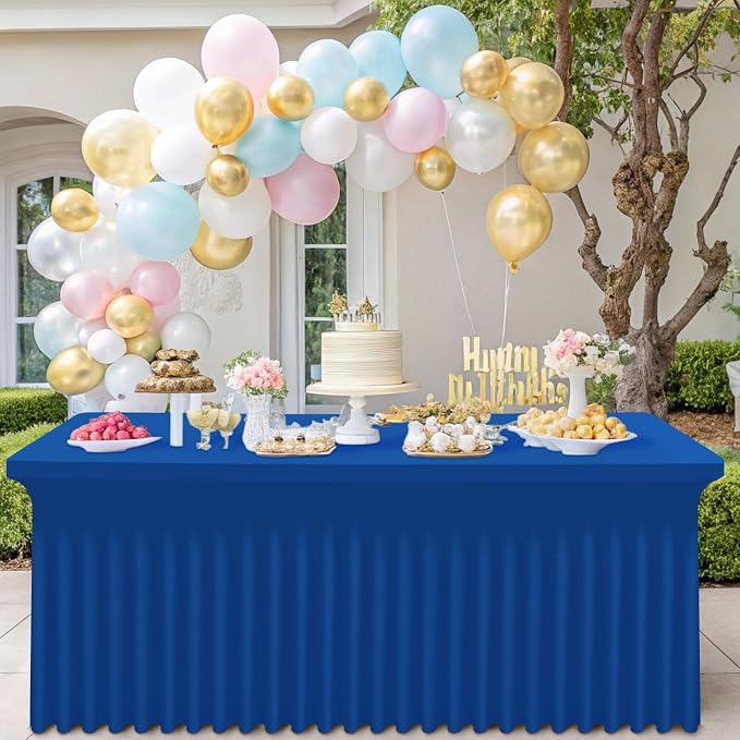 Smiry Spandex Elastic Fitted Table Cloth Skirt for 8FT Rectangle Table | Stretch Washable Table Cloth, Banquet Table Cover for Wedding, Party, Indoor & Trade Shows, (Blue, 96Lx30Wx30H)
