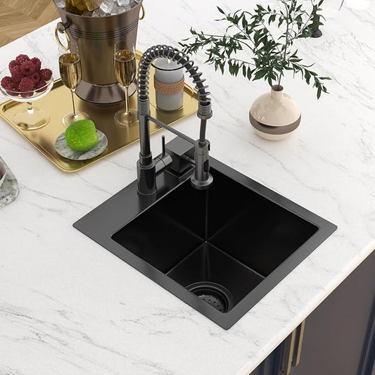 13 In Gunmetal Black Drop Bar Sink 13 x 15 Inch Kitchen Sink 18 Gauge Stainless Steel Single Bowl Topmount Handmade Sink for Outdoor, RV, 13x15x9