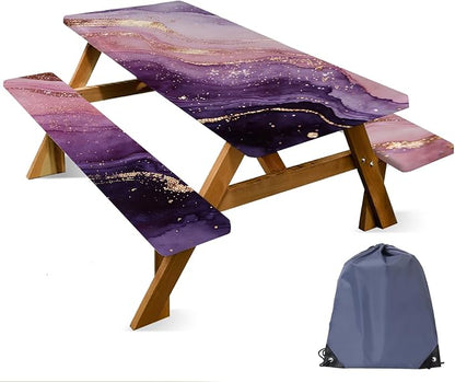 FOREVER QUEEN Picnic Table Cover with Bench Covers 72in,Waterproof Windproof Fitted Tablecloth, Purple Pink Marble with Gold Veins Camping Essentials with Drawstring Bag for Patio,Park & Backyard