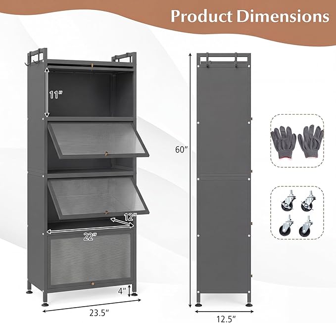 Giantex 5-Tier Kitchen Storage Cabinet, Mobile Microwave Stand with Flip-up PC Doors, Freestanding Kitchen Bakers Rack with 4 Rolling Casters, for Dining Room, Living Room and Study, Grey