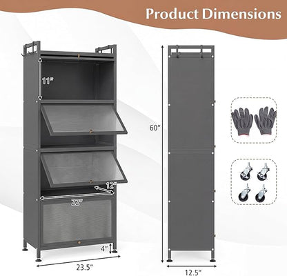 Giantex 5-Tier Kitchen Storage Cabinet, Mobile Microwave Stand with Flip-up PC Doors, Freestanding Kitchen Bakers Rack with 4 Rolling Casters, for Dining Room, Living Room and Study, Grey