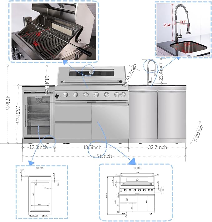 Outdoor Kitchen Island, 95.5 Inch 85000 BTU Propane Gas Grill Combination With Refrigerator and Sink, Outdoor Stainless Steel Barbecue Bar, 6 Burner Propane Grill for Patios, Gardens, Parties