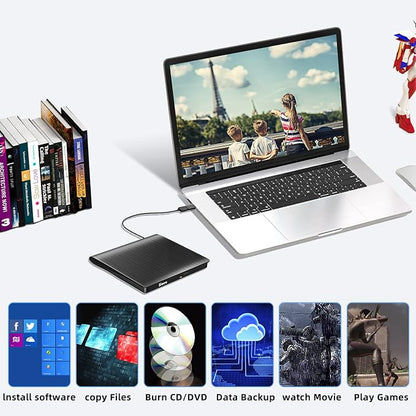 External USB 3.0 Type-C CD DVD +/-RW Drive - Portable CD ROM Reader & DVD Burner with Protective Carrying Case for Laptop/Desktop PC/Mac/Windows/Linux
