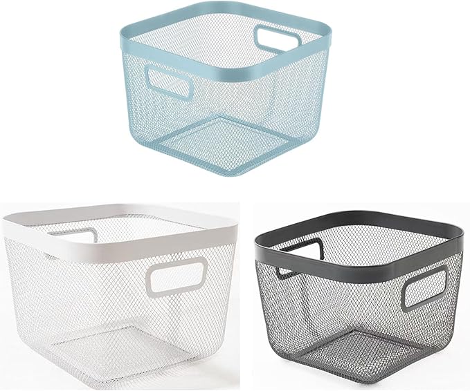 AJIODA Metal Mesh Steel Baskets, Household Wire Storage Organizer Bin Garden Harvest Basket Multi-functional Fruit Baskets with Handles for Kitchen Bathroom Picnic Shopping Decor Cabinet Home, Blue