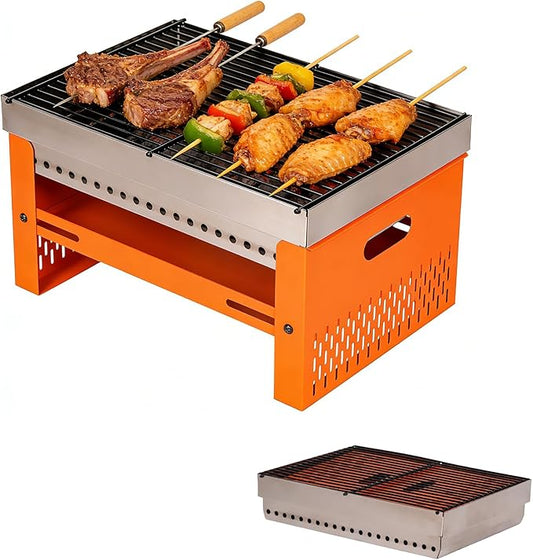 Portable Charcoal Grill, Small Tabletop BBQ, Foldable Mini Hibachi, Stainless Steel Camping Grill, Compact Outdoor Cooker for Picnic, Tailgating (Orange)