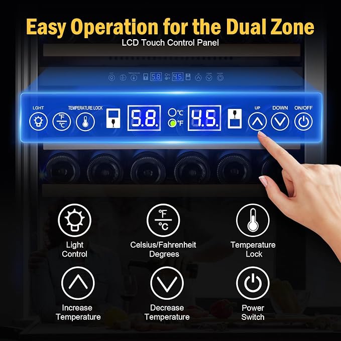 FoMup 24" 180-Bottle Dual Zone Wine fridge, Freestanding or Built-in | Sliding rail shelves, Reversible door, Professional cooling, Low noise, Glass door, Digital temp, Home or commercial use
