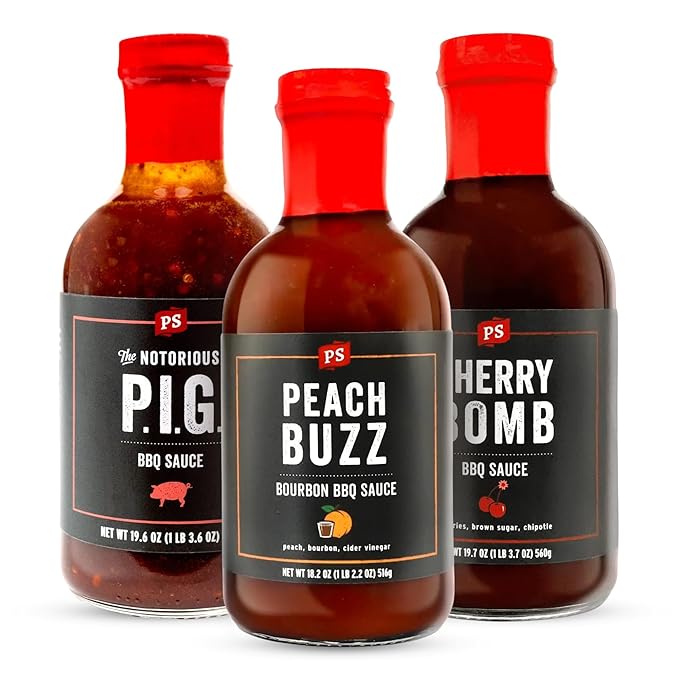 PS Seasoning Sweet Spicy BBQ Sauce Variety 3 Pack - Peach Buzz, Cherry Bomb, and Notorious PIG Gourmet Barbecue Sauce Set for Grilling Cooking Marinades Glazing Gift Pack Premium Flavor Collection