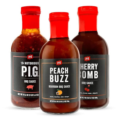 PS Seasoning Sweet Spicy BBQ Sauce Variety 3 Pack - Peach Buzz, Cherry Bomb, and Notorious PIG Gourmet Barbecue Sauce Set for Grilling Cooking Marinades Glazing Gift Pack Premium Flavor Collection