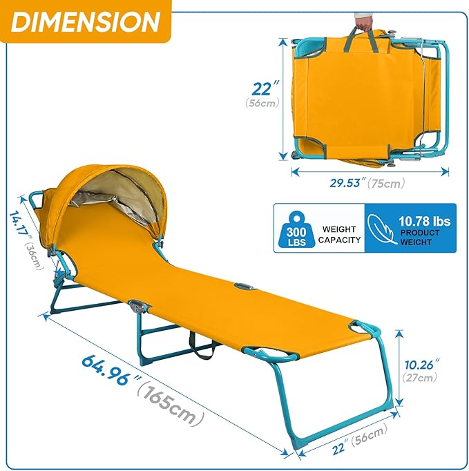 Northroad Beach Lounge Chair with Canopy Shade, Adjustable 4 Position Foldable Tanning Chair, Outdoor Heavy Duty Chaise Lounge Chair, for Poolside Patio Sunbathing Lawn, UPF 50+, Yellow