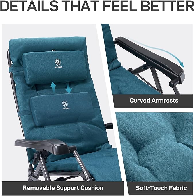 EVER ADVANCED Aluminum Zero Gravity Chair Oversized, Thick Padded Reclining Lounge Chair with Adjustable Headrest & Side Table, Heavy Duty Support 350 lbs, Foldable for Outdoor & Indoor, Green-2 Pack