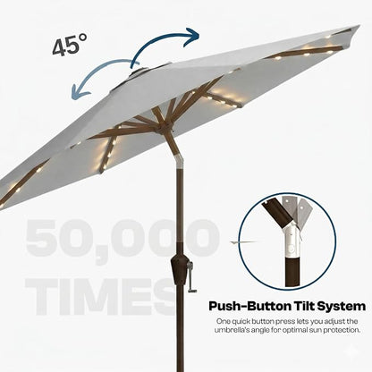 10FT Solar Lighted Patio Umbrella, Outdoor Table Market Umbrellas with Push Button Tilt and Crank, 32 LED Lights, 8 Sturdy Ribs, UV-Resistant for Deck, Garden, Pool