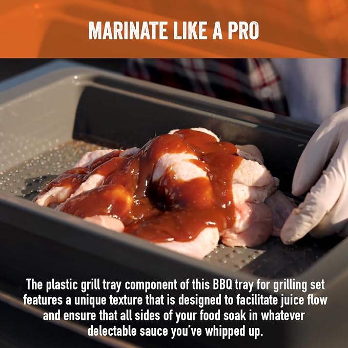 5-Piece BBQ Prep and Serve Set with Marinade Tray | Stainless serving tray, aluminum defrost board, cutting board, snap-on lid, marinade tray.